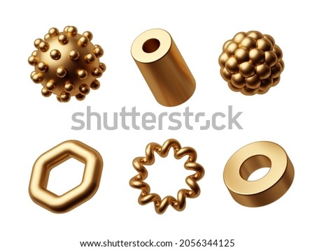 3d render, assorted abstract geometric shapes and objects. Collection of golden design elements. Clip art isolated on white background