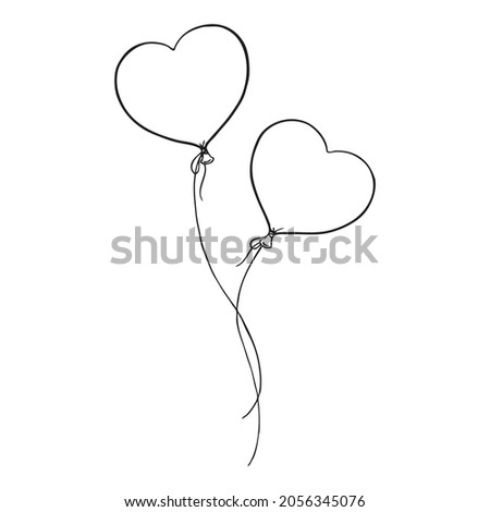 Vector balloons for Valentine's Day. Flying hearts for the holiday. Doodle sketch, black line.