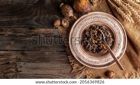 Ingredients traditional meal in eve Christmas Kutya. Kutia Boiled wheat porridge. Slavic holiday ritual dish. banner, menu, recipe place for text, top view