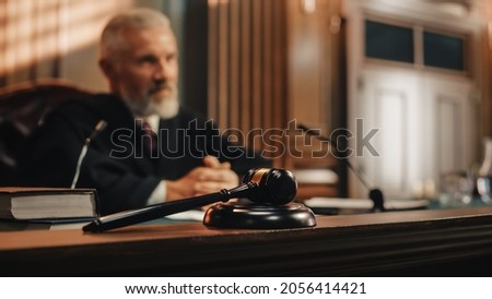 Cinematic Court of Law and Justice Trial: Honorable Male Judge Discussing Pleaded Case, Decision Guilty or Innocent Verdict after Hearing Arguments. Blurred Shot with Focus on Gavel Royalty-Free Stock Photo #2056414421