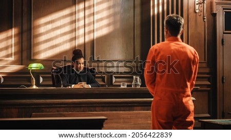 Court of Law and Justice Trial Proceedings: Law Offender in Orange Jumpsuit is Questioned and Giving Testimony to Judge, Jury. Criminal Denying Charges, Pleading, Inmate Denied Parole. Royalty-Free Stock Photo #2056422839