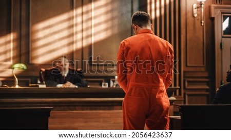 Court of Law and Justice Trial Proceedings: Law Offender in Orange Jumpsuit is Questioned and Giving Testimony to Judge, Jury. Criminal Denying Charges, Pleading, Inmate Denied Parole. Royalty-Free Stock Photo #2056423637