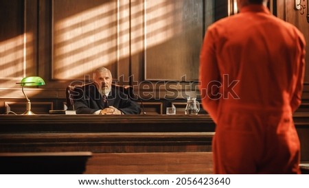 Court of Law and Justice Trial Proceedings: Law Offender in Orange Jumpsuit is Questioned and Giving Testimony to Judge, Jury. Criminal Denying Charges, Pleading, Inmate Denied Parole. Royalty-Free Stock Photo #2056423640