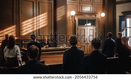Court of Justice Trial: Impartial Judge is Sitting, Public Stands. Supreme Federal Court Judge Starts Civil Case Hearing. Sentencing Law Offender. Royalty-Free Stock Photo #2056433756