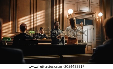 Law and Justice Court Case Witness Solemnly Swears that the Evidence She Shall Give Shall be the Truth and Nothing but the Truth Before Testifying to Lawyers and Judge in Courthouse. Royalty-Free Stock Photo #2056433819