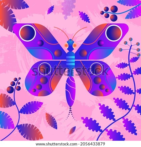 Illustration with butterfly and leaves.Colored vector banner 