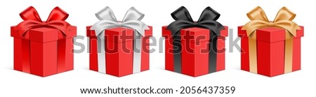 Vector set of red gift boxes with different color ribbons. Realistic 3D giftbox, isolated on background.
