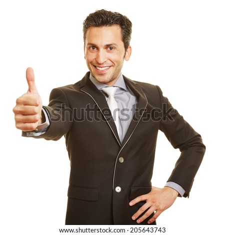 Happy smiling businessman holding his thumbs up
