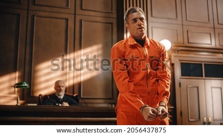Court of Law and Justice Trial Proceedings: Portrait of Accused Male Criminal in Orange Jumpsuit Giving Testimony to Judge, Jury. Speech of Law Offender Denying Charges, Pleading, Asking for Pardon. Royalty-Free Stock Photo #2056437875