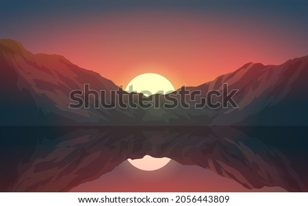 Lake and mountain reflection at sunset background