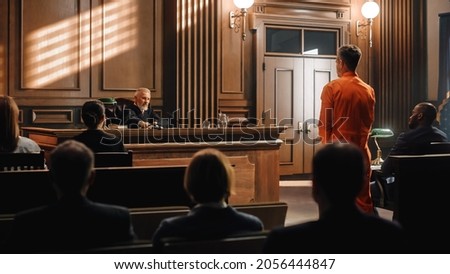 Court of Law and Justice Trial: Imparcial Honorable Judge Pronouncing Sentence, Striking Gavel. Shot of Male Lawbreaker in Orange Robe Sentenced to Serve Time in Prison. Hearing Adjourned, Royalty-Free Stock Photo #2056444847