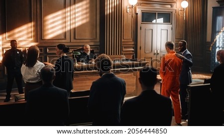 Court of Law and Justice Trial: Imparcial Honorable Judge Pronouncing Sentence, Striking Gavel. Shot of Male Lawbreaker in Orange Robe Sentenced to Serve Time in Prison. Hearing Adjourned, Royalty-Free Stock Photo #2056444850