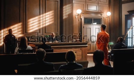 Court of Law and Justice Trial: Imparcial Honorable Judge Pronouncing Sentence, Striking Gavel. Shot of Male Lawbreaker in Orange Robe Sentenced to Serve Time in Prison. Hearing Adjourned, Royalty-Free Stock Photo #2056444859