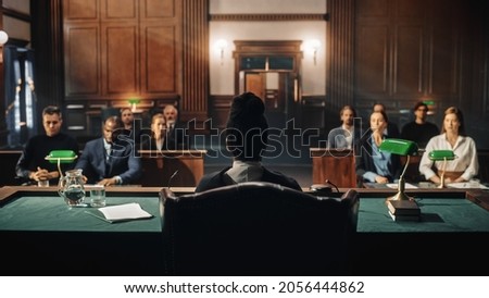 Court of Law Trial: Female Judge and and Jury Sit, Start of a Civil Case Hearing. Proceedings in Motion to Rule Out a Sentence. Defendant is Not Convicted nor Not Guilty. Royalty-Free Stock Photo #2056444862