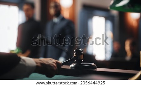 Cinematic Court of Law and Justice Trial: Judge Ruling Out a Positive Decision in a Civil Family Case, Close Up of a Striking Gavel to End Hearing. Royalty-Free Stock Photo #2056444925
