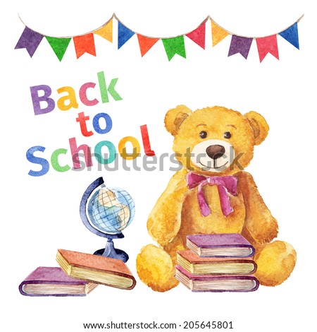 Back to school with a teddy bear. watercolor painting