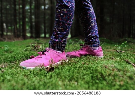 Pink sneakers in the forest on a moss flour