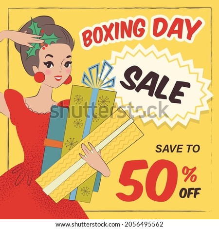 Boxing Day sale. Illustration of a pretty girl holding a gift boxes. Boxing day sale social media design in mid-century style. Vector 10 EPS.