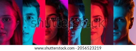 Cropped images of multiethnic people on multicolored background. Collage made of half of faces of young fashion models. Concept of emotions, equality, unification of all nations, ages and interests. Royalty-Free Stock Photo #2056523219