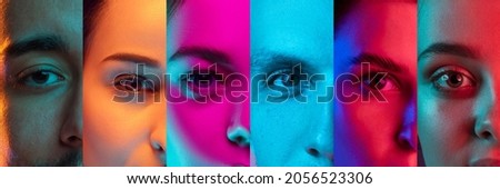 Cropped images of multiethnic people on multicolored background. Collage made of half of faces of young fashion models. Concept of emotions, equality, unification of all nations, ages and interests. Royalty-Free Stock Photo #2056523306