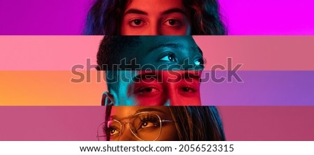 Collage of close-up male and female eyes isolated on colored neon backgorund. Multicolored stripes. Concept of equality, unification of all nations, ages and interests. Diversity and human rights Royalty-Free Stock Photo #2056523315