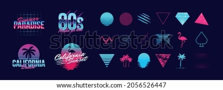 4 Retro neon logo templates and 18 trendy elements to create your own design. Design elements for t-shirt, banner, poster, cover, badge, logo and label. Vector illustration Royalty-Free Stock Photo #2056526447
