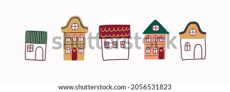 Set of cute vector houses. Children's print. Template for use in children's design, textiles, books, packaging. Funny vector illustration on white isolated background.
