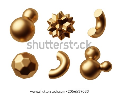 3d rendering. Different geometric golden shapes collection. Modern minimal metal objects. Icons set isolated on white background