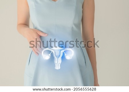 Unrecognizable female patient in blue clothes, highlighted handrawn uterus in hands. Human reproductive system issues concept. Royalty-Free Stock Photo #2056555628
