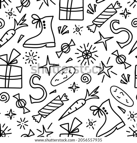 Simple hand-drawn vector seamless pattern in doodle style. Celebration of St. Nicholas Day, Sinterklaas. For prints of wrapping paper, gifts, textile products. Royalty-Free Stock Photo #2056557935