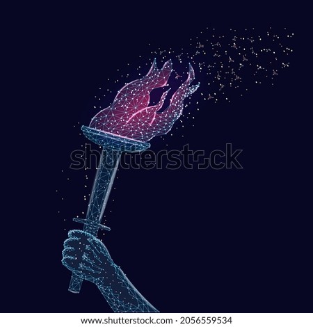 Burning torch in hand in wireframe polygonal style isolated on dark blue background. Design element for banner. Vector illustration.