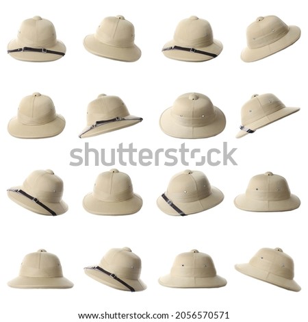 Set with stylish safari hats on white background. Trendy headdress