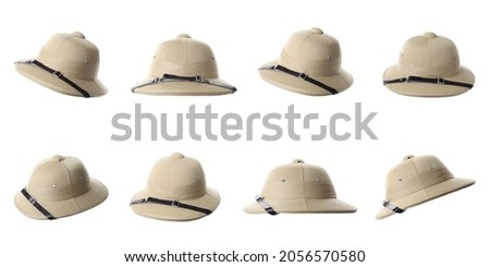 Set with stylish safari hats on white background, banner design. Trendy headdress Royalty-Free Stock Photo #2056570580