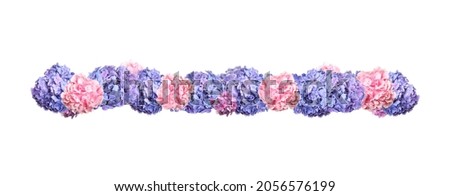Delicate beautiful hortensia flowers on white background, top view. Banner design