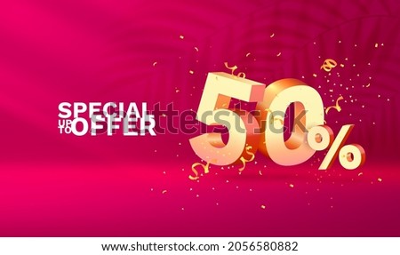 50 Off. Discount creative composition. 3d Golden sale symbol with decorative objects, golden confetti. Sale banner and poster. Vector illustration. Royalty-Free Stock Photo #2056580882