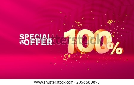 100 Off. Discount creative composition. 3d Golden sale symbol with decorative objects, golden confetti. Sale banner and poster. Vector illustration. Royalty-Free Stock Photo #2056580897