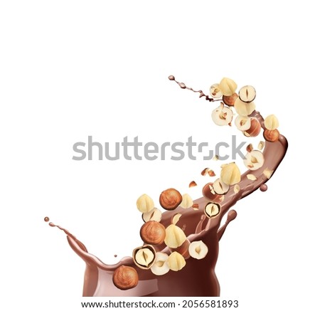 Pieces of tasty hazelnuts and delicious melted chocolate flying on white background Royalty-Free Stock Photo #2056581893