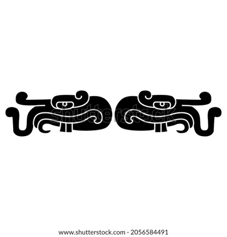 Symmetrical design or frame with two heads of fantastic dragon monster with teeth and tentacles. Native American animal design of Aztec Indians from Mexican codex. Black and white negative silhouette.