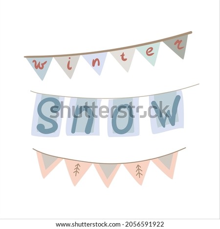 Garland of decoration flags in doodle style. Simple decor for a festive Christmas and New Years. Vector illustration isolated on white background.