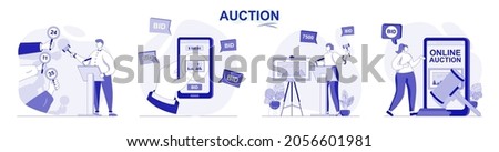 Auction isolated set in flat design. People selling and buying painting art, buyers bidding lots collection of scenes. Vector illustration for blogging, website, mobile app, promotional materials. Royalty-Free Stock Photo #2056601981