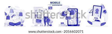 Mobile commerce isolated set in flat design. People shopping in mobile app, e-commerce, e-business, collection of scenes. Vector illustration for blogging, website, mobile app, promotional materials. Royalty-Free Stock Photo #2056602071