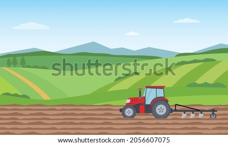 Tractor plowing the field on rural landscape background. Agriculture concept. Vector illustration. Royalty-Free Stock Photo #2056607075