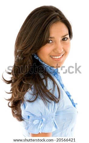 beautiful casual woman smiling - isolated over a white background