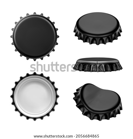 Metal black crown caps. Beer, lemonade and other drink bottle cap. Realistic vector illustration isolated on white background	 Royalty-Free Stock Photo #2056684865