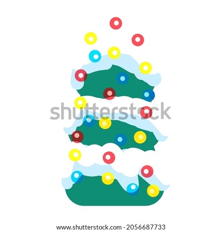 christmas tree covered with snow decorated with shining garland  style flat element