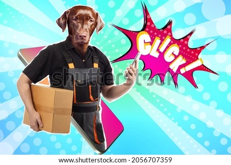 A man with a dog head delivers a package. A modern collage. The metaphor is a dog work. A courier with a tablet.The word Click in the frame. A bright invented picture. A courier with a dog head.