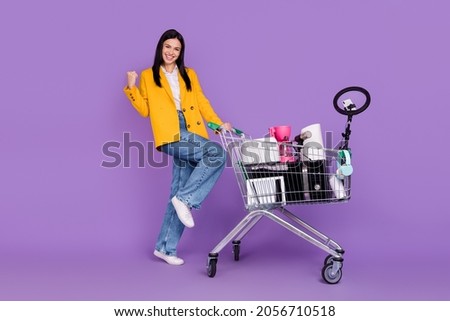 Full size photo of stylish business lady model win sale home appliance lucky blogger isolated on violet color background Royalty-Free Stock Photo #2056710518