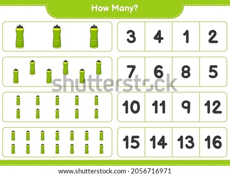 Counting game, how many Sport Water Bottle. Educational children game, printable worksheet, vector illustration