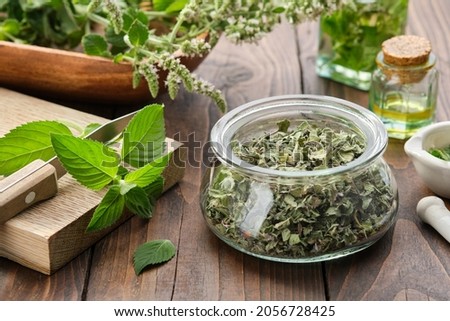 Jar of dried mint leaves. Fresh peppermint leaves on a cutting board. Blossom Mentha piperita medicinal plants, bottles of mint essential oil and infusion. Alternative herbal medicine. Aromatherapy. Royalty-Free Stock Photo #2056728425