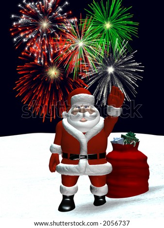 Santa waving with Fireworks being displayed behind him